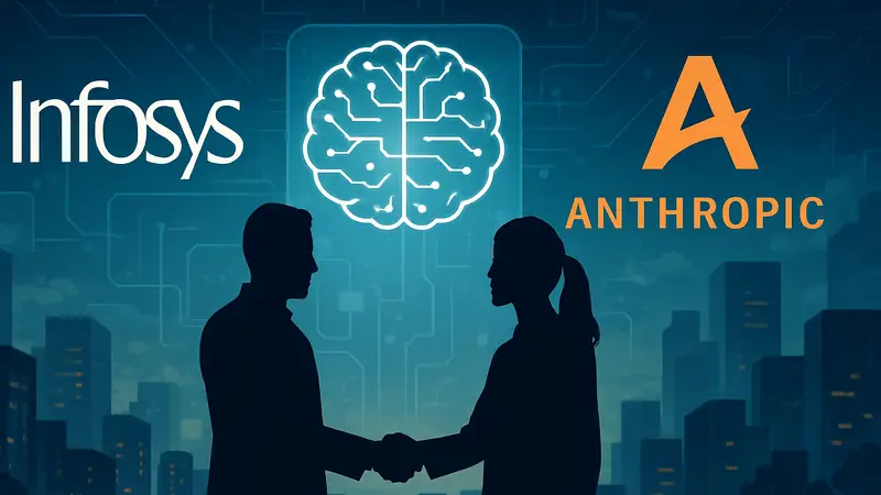 Логотипы Infosys и Anthropic, символизирующие партнерство в сфере разработки искусственного интеллекта.