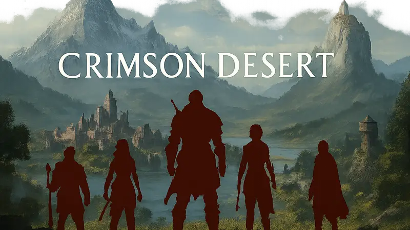 Логотип игры Crimson Desert с персонажами на фоне фэнтезийного мира
