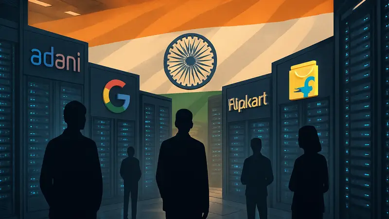 Схема центра обработки данных с логотипами Adani, Google, Microsoft и Flipkart на фоне индийского флага.