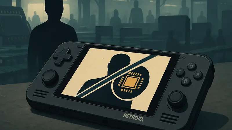 Портативная игровая консоль Retroid Pocket 6 черного цвета, лежащая на поверхности