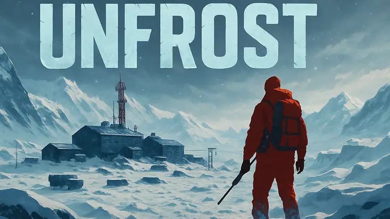 Логотип игры UNFROST на фоне заснеженных просторов Антарктиды и исследовательского лагеря.