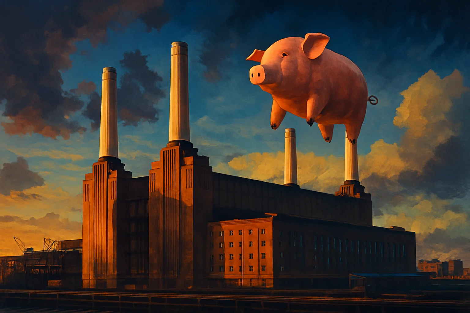 Обложка альбома Pink Floyd «Animals» с изображением ТЭС Баттерси в Лондоне и гигантской надувной свиньи над ней.
