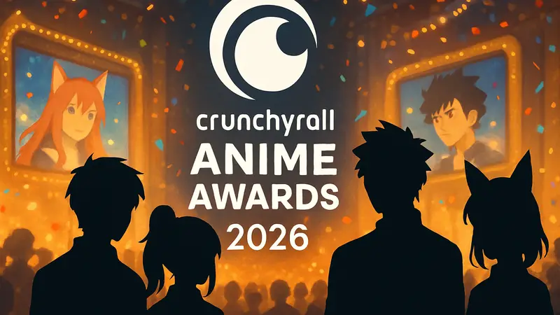 Логотип Crunchyroll Anime Awards 2026 на фоне аниме-персонажей и праздничной атмосферы.