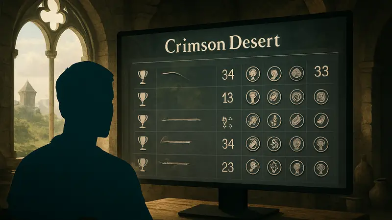 Игрок Crimson Desert просматривает список из 34 трофеев и достижений на экране