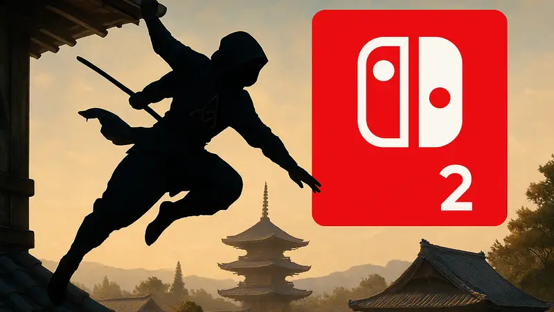 Арт из Assassin's Creed Shadows, возможно, с элементами паркура или ниндзя, на фоне логотипа Switch 2.