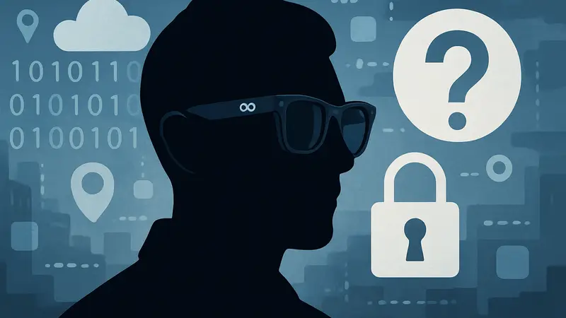 Человек в ИИ-очках Meta Ray-Ban, рядом символы данных и конфиденциальности, показывающие вопросы приватности.