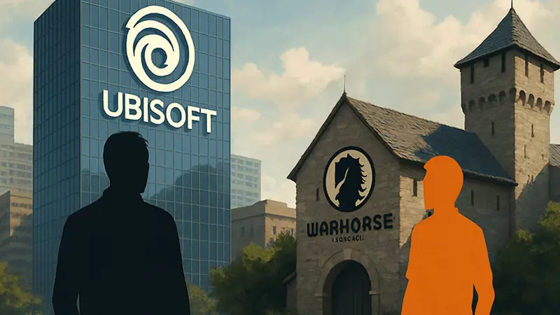 Сравнение масштабов Ubisoft и студии Warhorse, логотипы Ubisoft и Kingdom Come Deliverance.