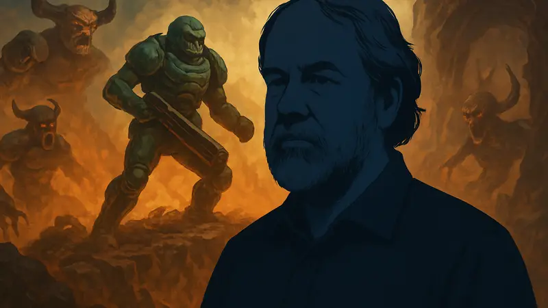 Портрет Сэнди Питерсена, создателя Doom и Quake, на фоне игровых артов