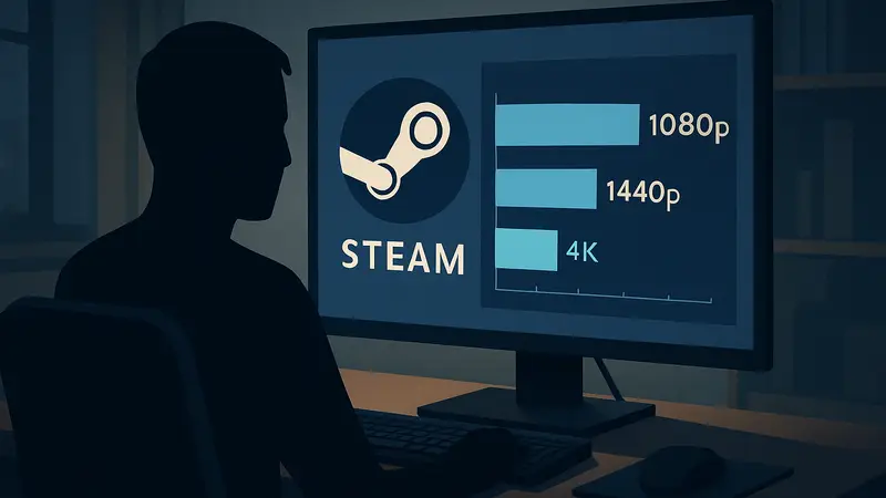 Экран компьютера с логотипом Steam и статистикой разрешений, показывающий преобладание 1080p.