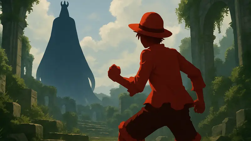 Луффи из One Piece готовится к битве, на заднем плане силуэт Иму.