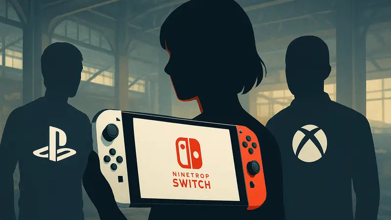 Изображение игровой консоли Nintendo Switch 2, рядом с логотипами PlayStation 5 и Xbox Series X.