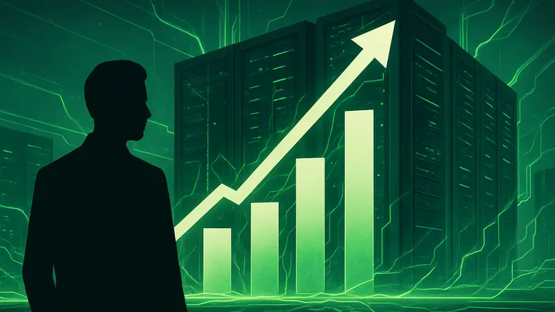 График роста инвестиций в энергетические технологии на фоне футуристического дата-центра, подсвеченного зелеными линиями энергии.