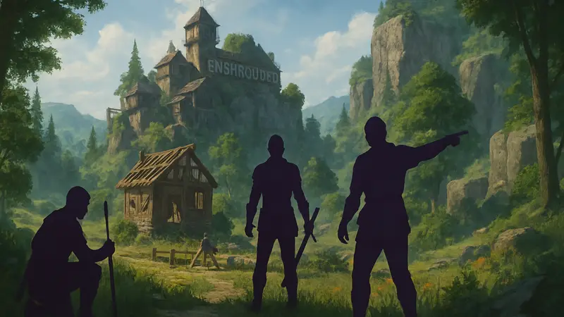 Игроки исследуют мир Enshrouded с функцией "Adventure Sharing", демонстрирующей возможности строительства и совместной игры.