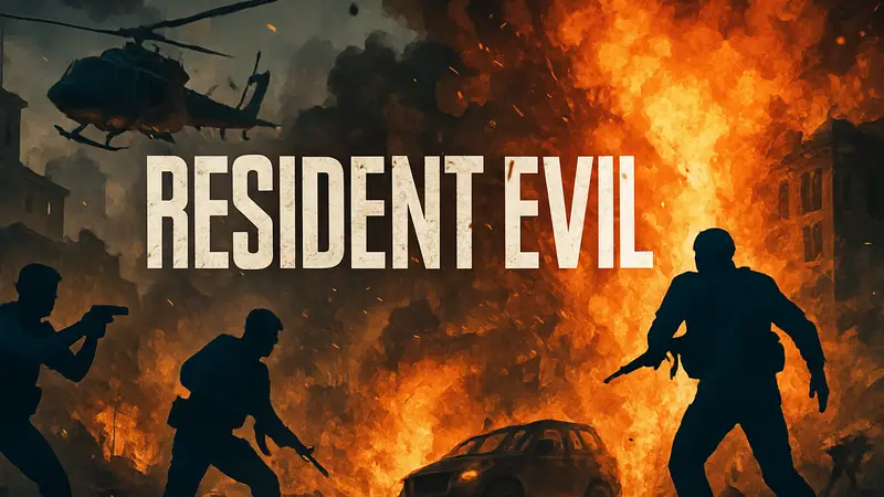 Логотип Resident Evil на фоне взрывов и экшен-сцен, символизирующий высокий бюджет нового фильма.