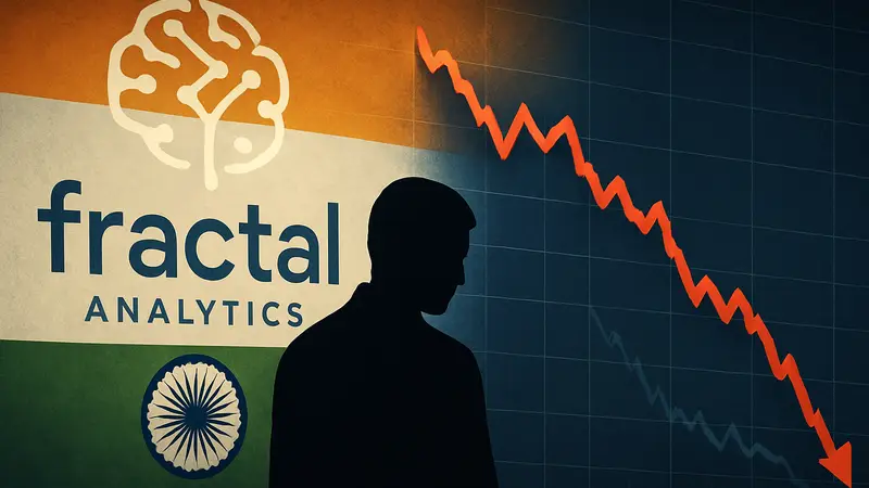 График падения акций Fractal Analytics на фоне логотипа компании и индийского флага.
