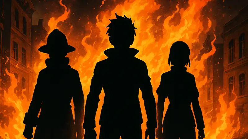 Главные герои аниме Fire Force, пламя на заднем плане, постер 3 сезона