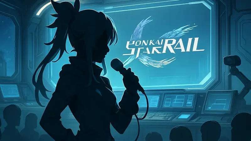Персонаж Спаракси из Honkai Star Rail, одетая как футуристическая стримерша, с микрофоном.