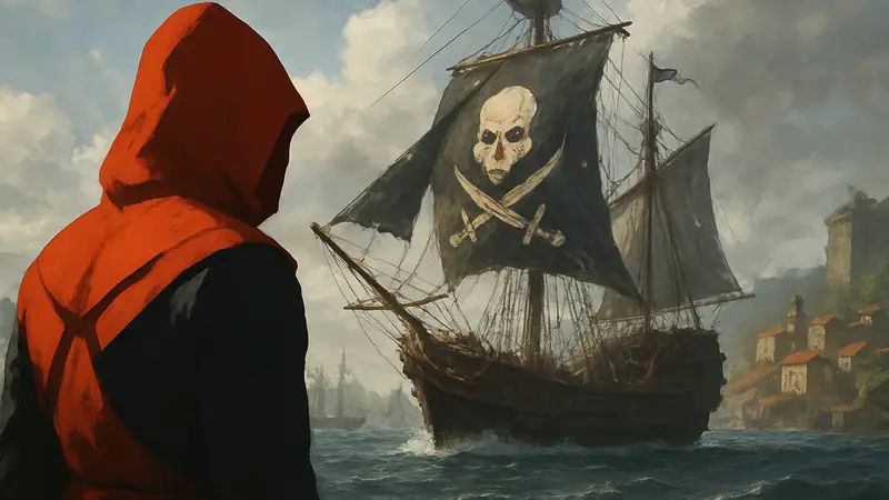 Мужчина в капюшоне Assassin's Creed смотрит на корабль в Skull and Bones, символизируя сравнение игр.