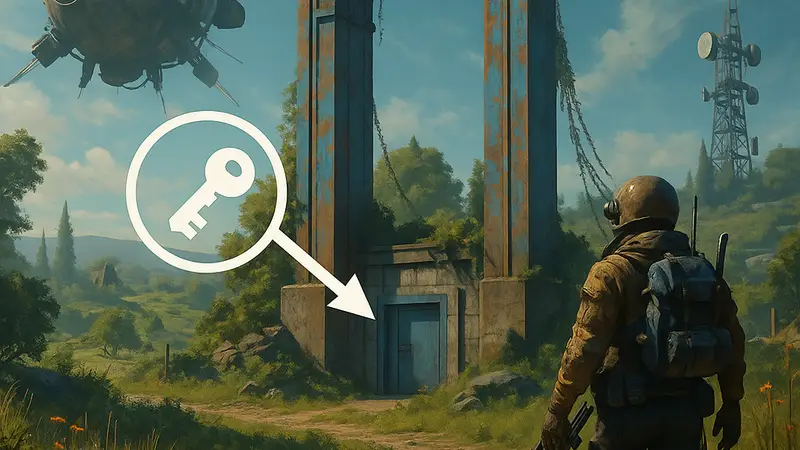 Изображение игрового мира ARC Raiders с указателем на местоположение ключа от подвала Голубых Врат