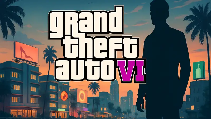 Логотип Grand Theft Auto 6 на фоне города Вайс-Сити, с намеком на рекламу и бренды