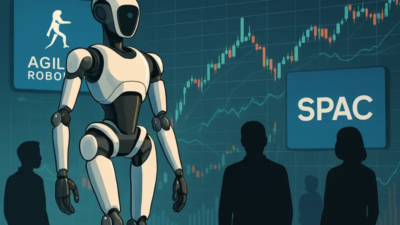 Гуманоидный робот Digit от Agility Robotics на фоне логотипов компаний и графиков.
