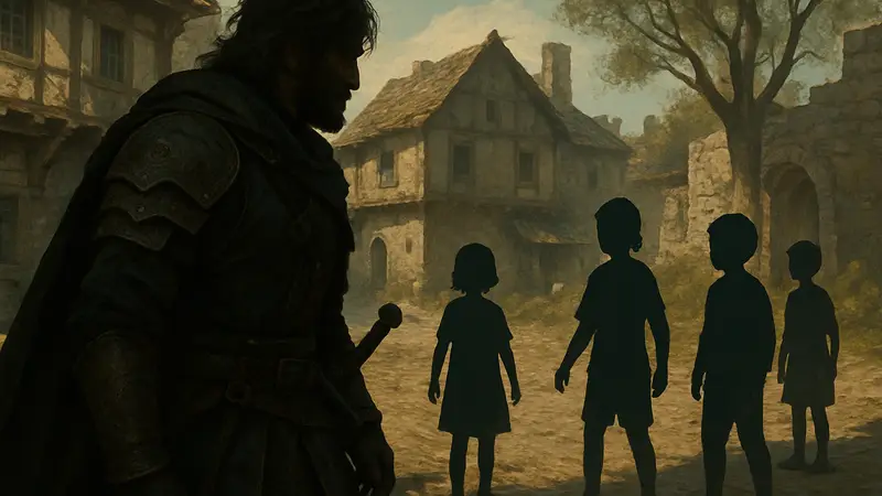 Персонаж Crimson Desert в фэнтези-сеттинге, на заднем плане дети NPC
