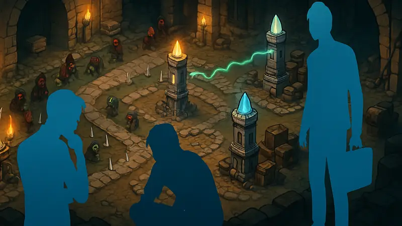 Скриншот из игры Infamous Keepers, показывающий элементы tower defense и подземелья, а также выживание после увольнений.