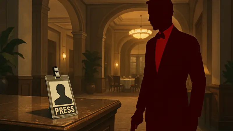 Игровой скриншот из 007 First Light, показывающий пропуск прессы на столе в отеле.