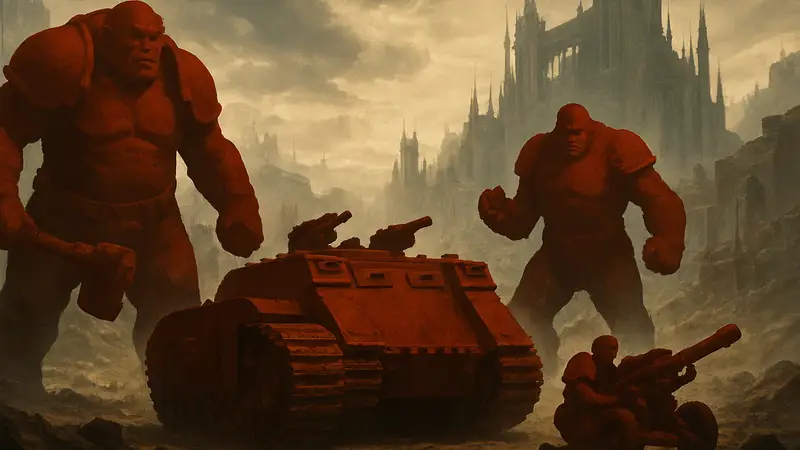 Миниатюры Огринов-харонитов, лендрейдера «Спартанец-Прометей» и платформы «Рапира» из настольной игры Warhammer: The Horus Heresy.