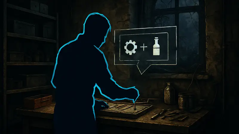 Игрок в Resident Evil Requiem создает предмет на верстаке, демонстрируя систему крафта.