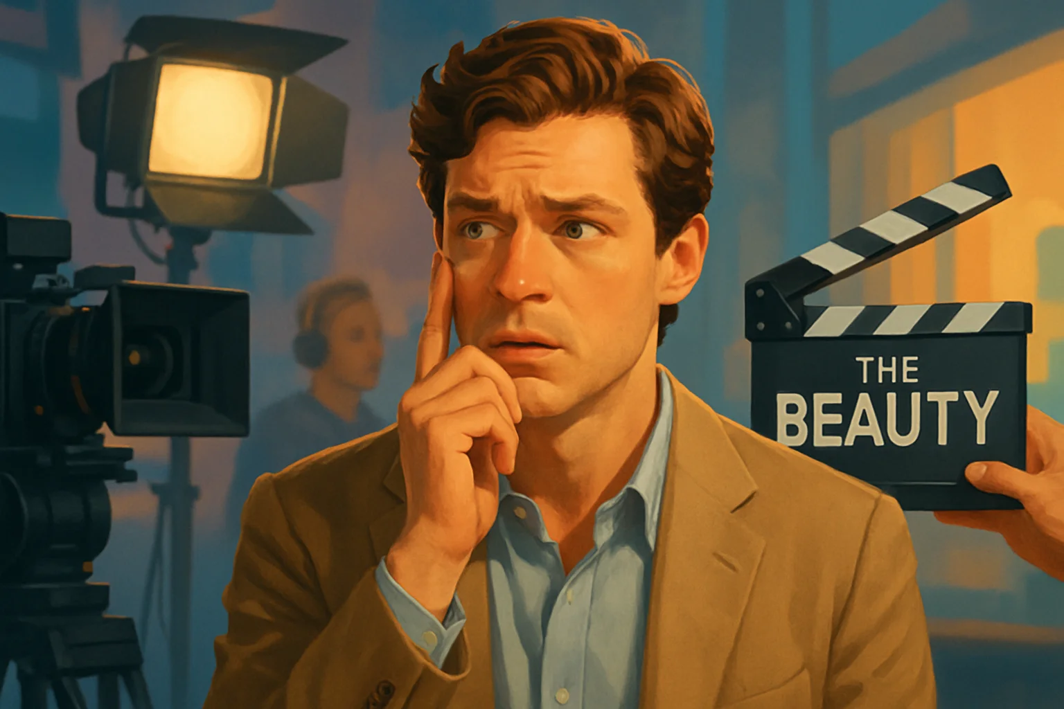 Актер сериала «The Beauty» на съемочной площадке, демонстрирующий удивление или задумчивость.