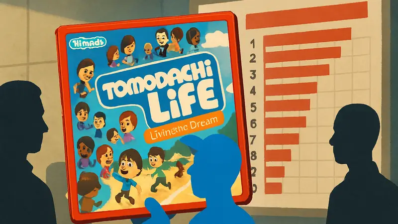 Обложка игры Tomodachi Life: Living the Dream на фоне японского чарта продаж Nintendo