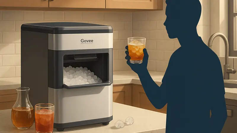 Умный льдогенератор GoveeLife Smart Nugget Ice Maker Pro на кухне с напитками