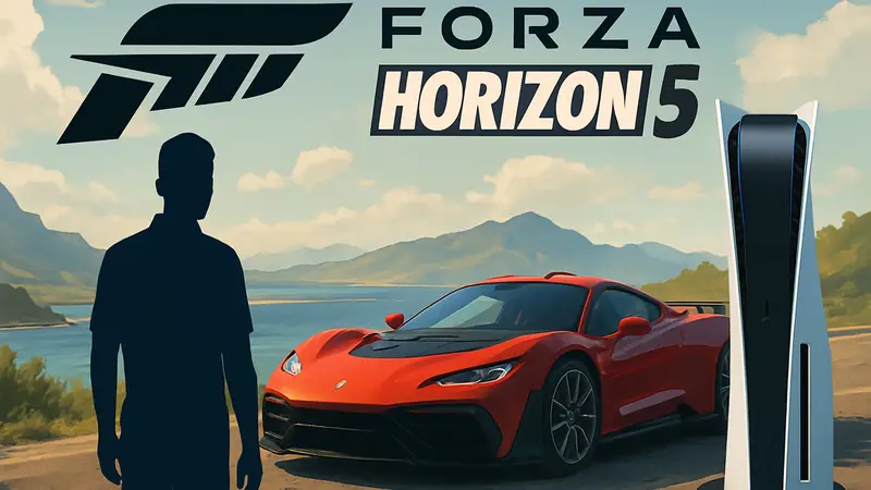 Логотип Forza Horizon 5 на фоне гоночной машины на PlayStation 5