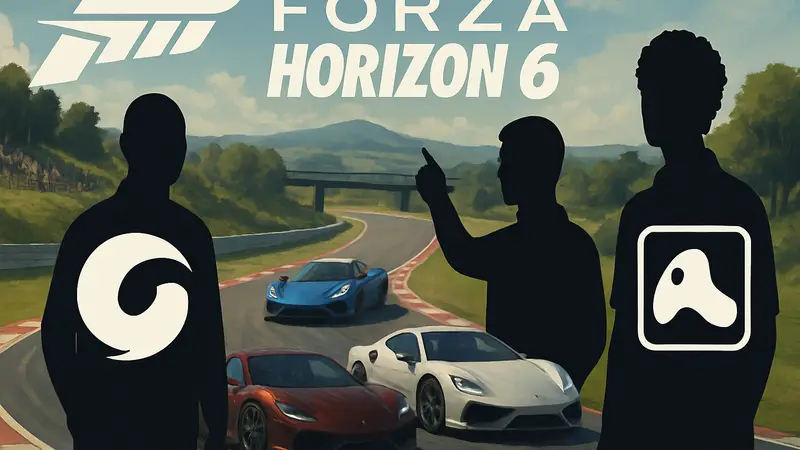 Forza Horizon 6: Логотип игры, автомобили на гоночной трассе, студии Virtuos и Playground Games
