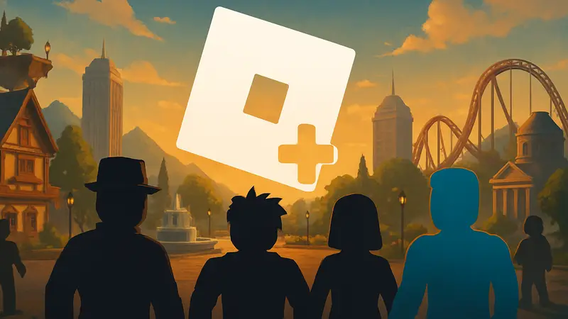 Изображение логотипа Roblox Plus на фоне игрового мира Roblox, символизирующее новую подписку.