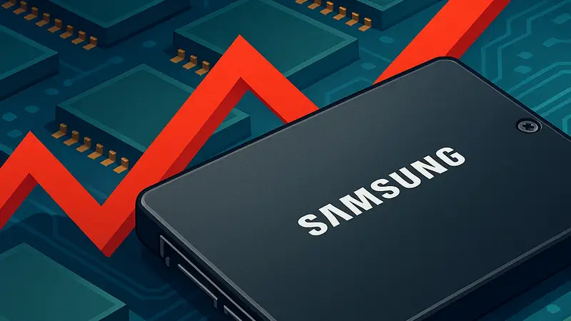 Изображение SSD-накопителя Samsung на фоне микросхем памяти, символизирующих рост цен
