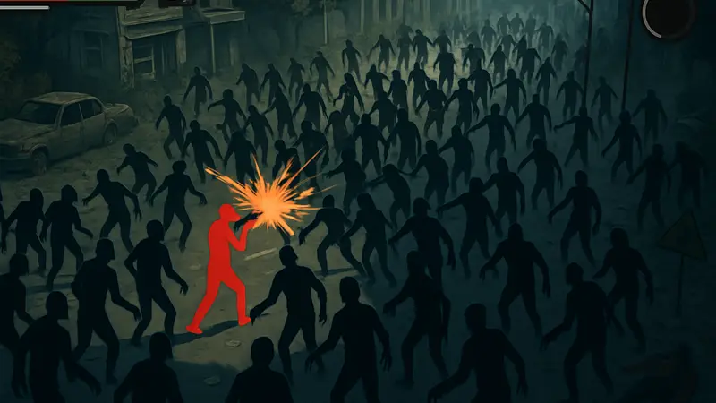 Игровой скриншот The Walking Dead: Aftermath с толпами зомби и интерфейсом в стиле Vampire Survivors.