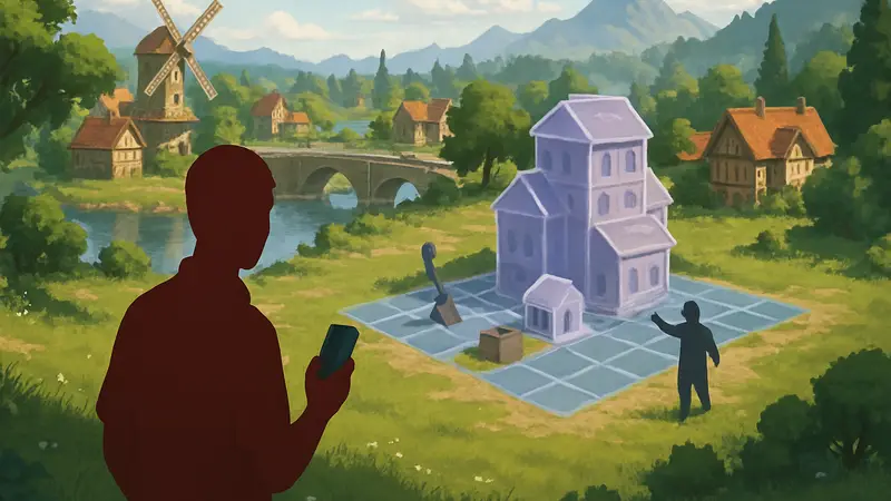 Скриншот из градостроительного симулятора Dawnfolk с элементами строительства и пейзажей.