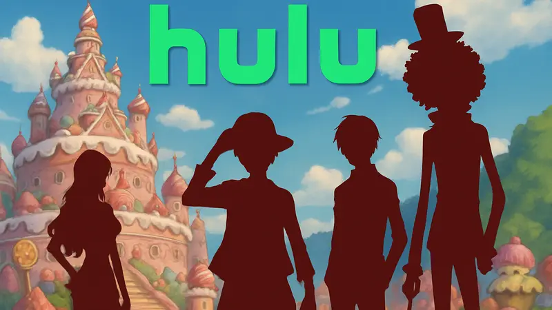 Кадр из аниме One Piece с главными героями во время арки Whole Cake Island на фоне логотипа Hulu