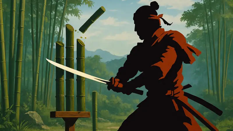 Дзин Сакай из Ghost of Tsushima рубит бамбуковые стойки самурайским мечом.