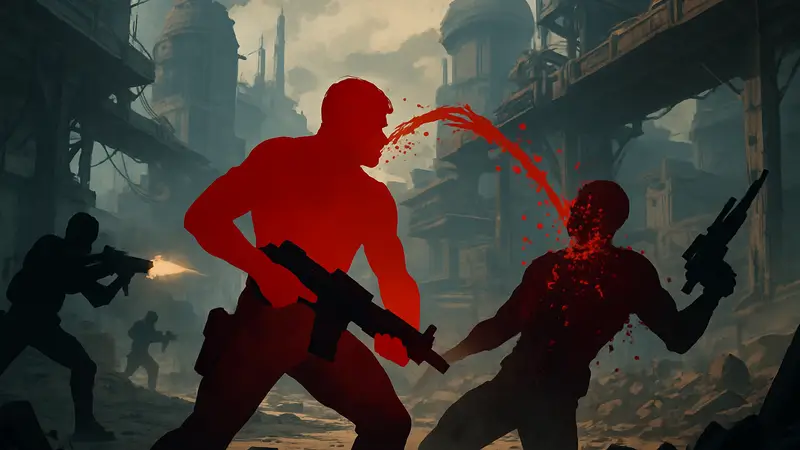 Кадр из игры AlteredBlood+ с динамичной перестрелкой и героем, поглощающим кровь врагов