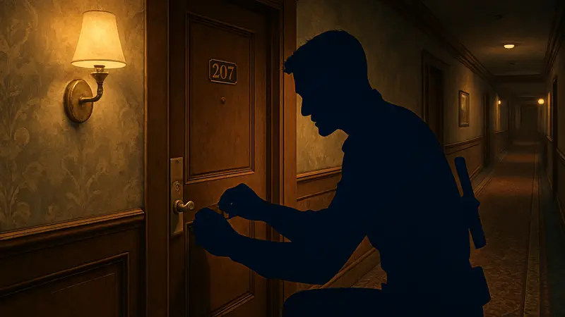 Скриншот из игры 007 First Light, показывающий дверь комнаты 207 или игрока, выполняющего задание.