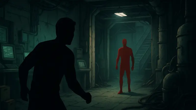 Скриншот из игры It Has My Face, где клон преследует главного героя