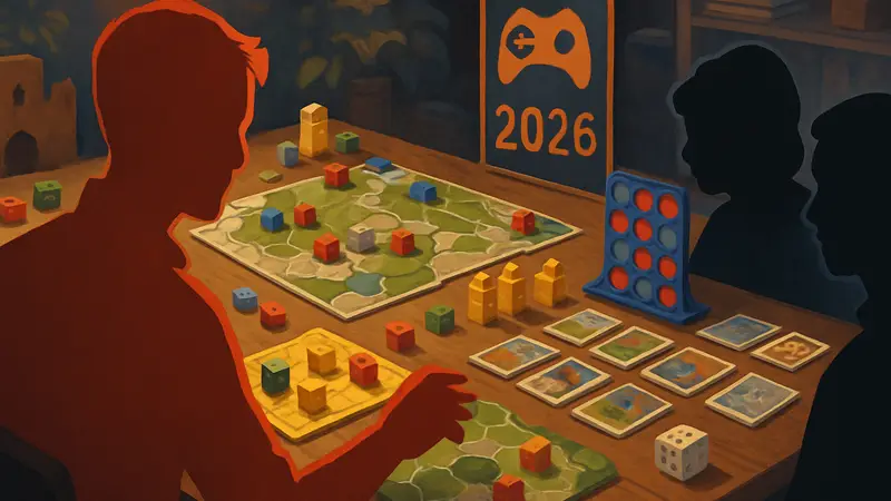 Разнообразные настольные игры на игровом столе, логотип Game Rant, 2026 год.