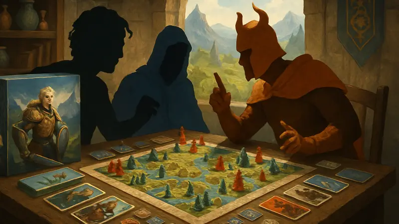 Игровой стол с компонентами настольной стратегии Boardquest: Tales of Liria в фэнтезийном стиле