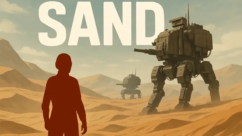 Логотип игры Sand на фоне песчаных дюн и механизированной техники.