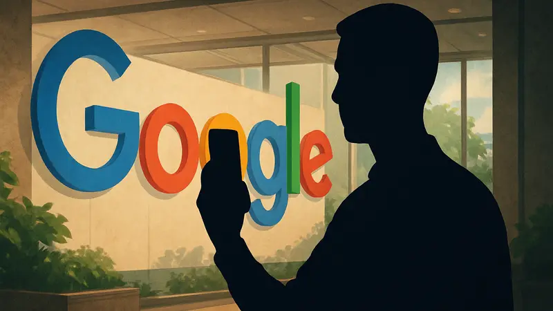 Человек, делающий селфи на смартфон, с логотипом Google на фоне