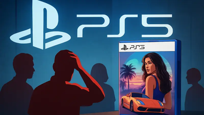 Изображение коробки с игрой GTA 6 без диска, на фоне логотипа PS5, символизирующее дефицит предзаказов.
