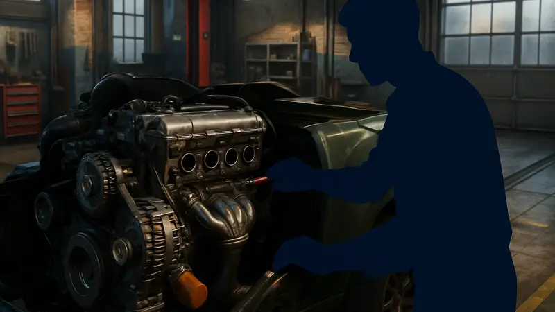 Игровой скриншот из Car Mechanic Simulator, демонстрирующий детализированный двигатель автомобиля в процессе ремонта.